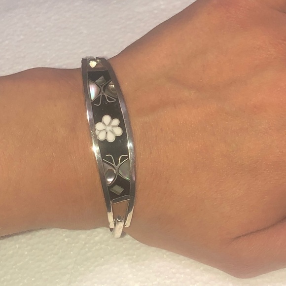 VTG Taxco Abalone Inlay Sterling Bangle Bracelet Floral Flower Butterfly 6.5” - Picture 9 of 9